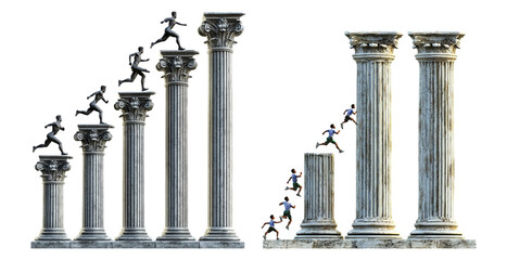 Progression of Success Through Abstract Pillars and Dynamic Figures Isolated Transparent Background