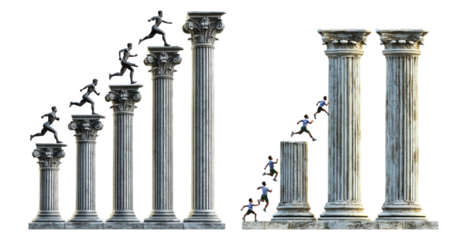 Progression of Success Through Abstract Pillars and Dynamic Figures Isolated Transparent Background