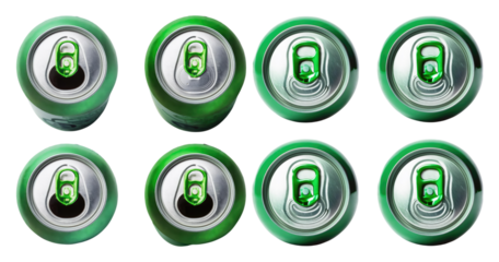 Top view of eight green soda cans arranged in a grid pattern, PNG bundle collection, Isolated on Transparent Background