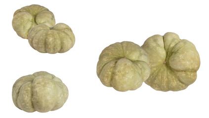three rustic, pale green pumpkins with deep ridges, clustered together against a transparent background, evoking autumnal themes and harvest.
