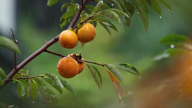 A view of an orchard in the rain, with ripe yellow persimmons hanging from a tree in autumn, and the sound of rain ASMR
