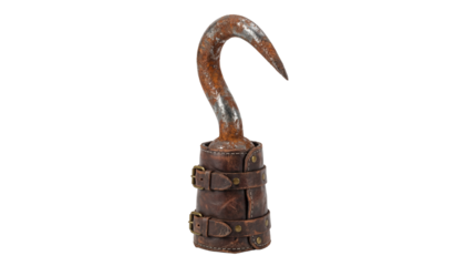 Rustic Rusty Metal Pirate Hook Hand with Brown Leather Straps Isolated on White Background