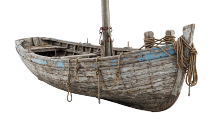 Old Weathered Wooden Fishing Boat Isolated on White Background
