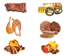 a selection of delicious grilled meats and vegetables, including ribs, salmon, burgers, sausages, corn, peppers, and zucchini, presented on a transparent background for a culinary showcase.