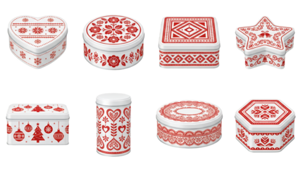 Metal tin box set including heart, round, square, star, rectangle, cylinder, and hexagon shapes isolated. Decorative Christmas cookie and gift packaging collection.