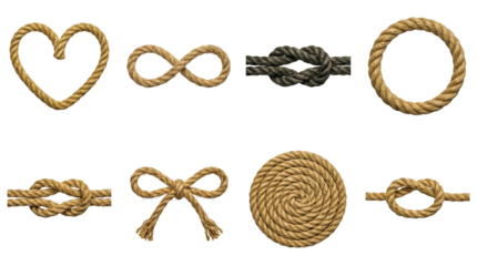 Natural jute rope set including heart, infinity, circle, knot, spiral, and bow shapes isolated. Decorative nautical and rustic design elements.
