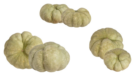 a collection of light green pumpkins arranged in a scattered composition on a transparent background, photographed in a studio setting.