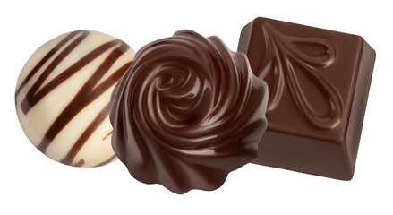 a variety of four exquisite chocolates, showcasing elegant designs in dark, milk, and marbled white chocolate, perfect for gourmet, luxury, or confectionery themes.