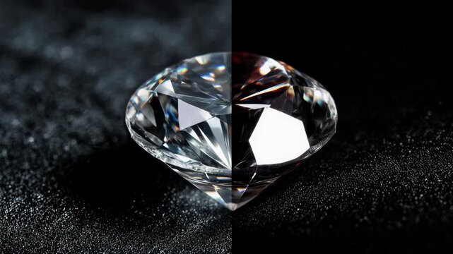 Luxury brilliant diamond jewel, sparkling gem captured in dramatic macro view. High contrast light on textured black background reveals its elegant perfection