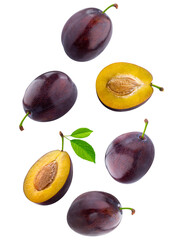 a visually appealing arrangement of five whole and sliced dark purple plums, some with stems and leaves, floating against a void transparent background.