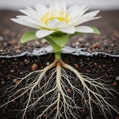 A white daisy flower with a yellow center grows from soil partially submerged in water