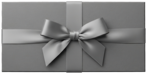 Top view of gray gift box with satin ribbon and bow