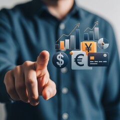Man touching screen with financial icons dollar euro yen credit card and charts