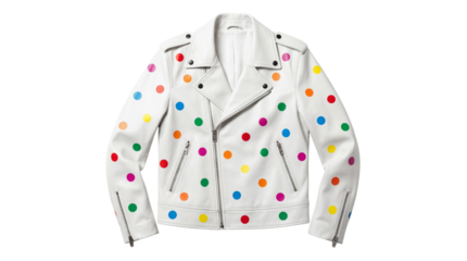 White Leather Moto Jacket with Colorful Polka Dots Product Shot
