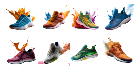 Vibrant Athletic Shoes with Colorful Paint Splashes on Transparent Background