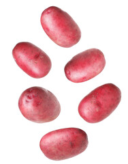 a close-up, isolated shot of six fresh, red potatoes with smooth skin, scattered against a stark transparent background, perfect for culinary and agricultural themes.
