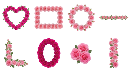 Pink rose flower set including heart, frame, wreath, border, and letter shapes isolated. Floral elements for romantic wedding and greeting card design.