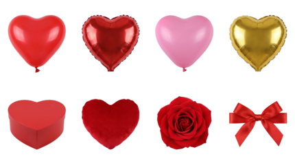 Valentine's Day decoration set including heart balloons, gift box, plush pillow, rose, and ribbon bow isolated. Romantic celebration and gift collection.