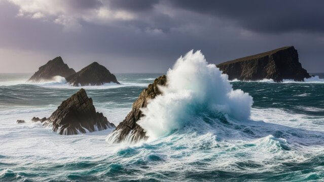 Powerful ocean wave crashing on rocky coast - Powered by Adobe