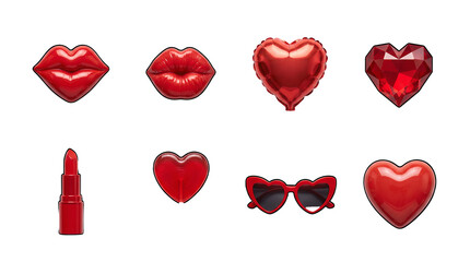 Fototapeta premium Red valentine and beauty set including lips, balloon, crystal heart, lipstick, lollipop, and sunglasses isolated. Romantic fashion and holiday design collection.