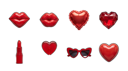 Red valentine and beauty set including lips, balloon, crystal heart, lipstick, lollipop, and sunglasses isolated. Romantic fashion and holiday design collection.