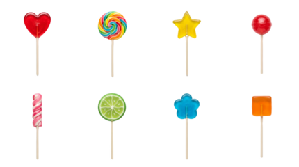 Sweet lollipop set including heart, spiral, star, sphere, lime, and flower shapes isolated. Colorful candy and confectionery collection for dessert and party themes.