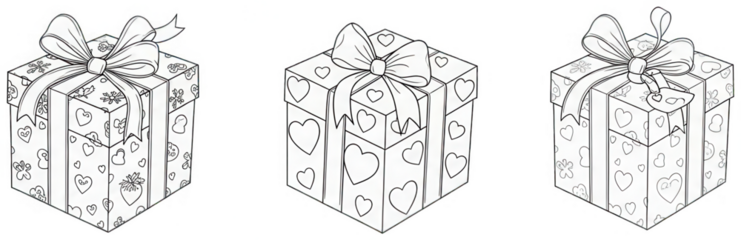 Black and white outline gift boxes with heart patterns