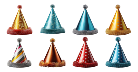Colorful Party Hats Collection for Celebrations and Events, PNG bundle collection, Isolated on Transparent Background