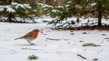 Robin bird in snowy forest marketing poster