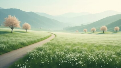 Serene countryside path with blossoming trees