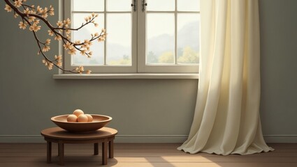 Serene room with blossoming branch