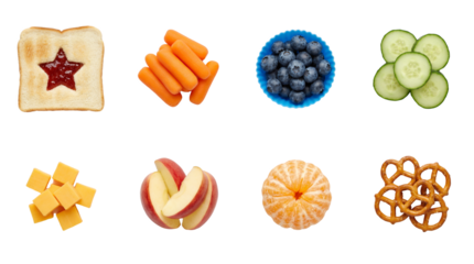 Healthy kids snack set including jam toast, carrots, blueberries, cucumber, cheese, apple, orange, and pretzels isolated. Balanced school lunch and nutrition collection.
