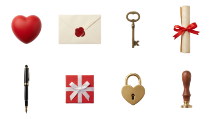 Romantic stationery and gift set including heart, envelope, key, scroll, pen, present, lock, and wax stamp isolated. Love and wedding collection.