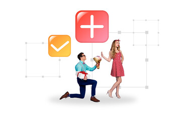 Sketch  artwork pop banner collage of girl guy proposal hesitation cross checkmark icon present flower bouquet agreement rejection