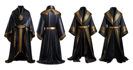 Elegant Black and Gold Robes with Intricate Detailing and Design, PNG bundle collection, Isolated on Transparent Background