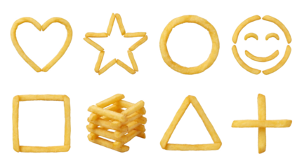 French fries set including heart, star, circle, smiley face, square, cube, triangle, and plus shapes isolated. Fast food and potato snack icons collection.