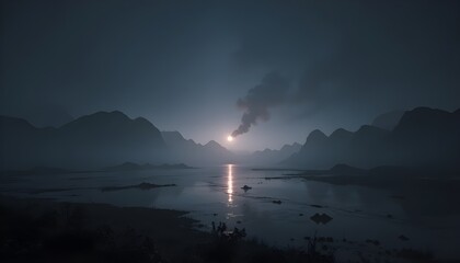 Dark futuristic night landscape with foggy atmosphere and glowing light reflections shimmering across still water
