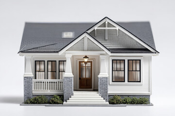 Miniature white suburban house model with modern classic design features front porch, stone pillars, black framed windows, and lit porch lamp creating welcoming atmosphere