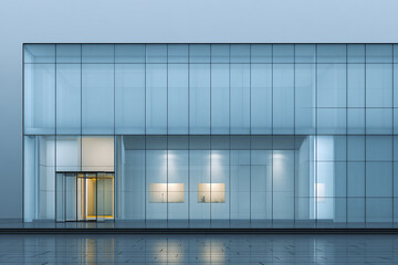 Modern glass building facade with transparent curtain wall and illuminated interior, reflecting on wet pavement, showcasing sleek architectural design and minimalistic style