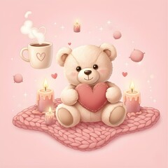 Adorable Valentine Teddy Bear Illustration with Cozy Pastel Decor 