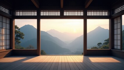 Serene mountain view from traditional japanese veranda