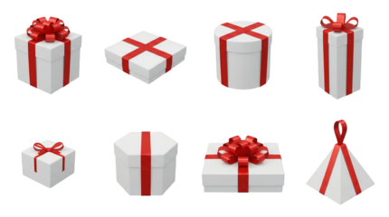 White gift box set including square, tall, round, hexagonal, and pyramid shapes with red ribbons isolated. Holiday present and luxury packaging collection.
