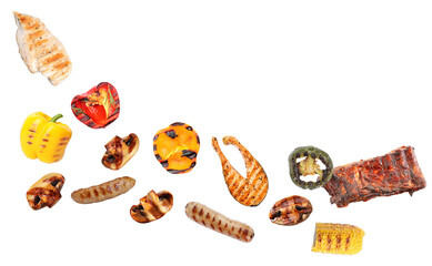 a diverse collection of grilled food items artfully arranged on a transparent background, featuring chicken breast, bell peppers, grilled fruit, salmon, jalape?o slices, and ribs.