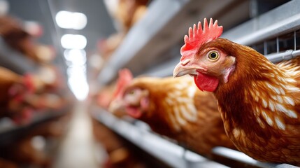 In a spacious and well-lit poultry farm, vibrant chickens occupy organized rows of nesting areas, showcasing a lively scene that reflects modern farming practices with care for animal welfare