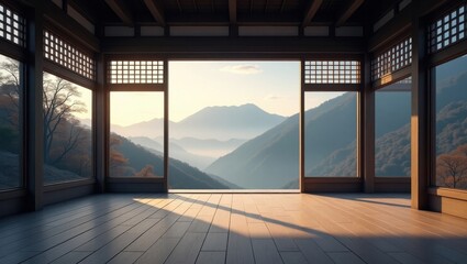 Serene mountain view from traditional pavilion