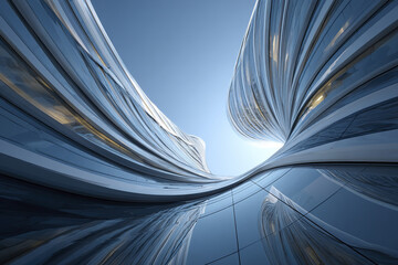 Abstract modern glass skyscraper with fluid curved facade reflecting blue sky and sunlight, creating dynamic and futuristic architectural scene