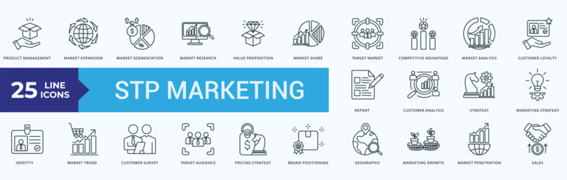 STP Marketing Icon Pack Illustration Vector With product management, market expansion, market segmentation, market research, value proposition, market share, target market, competitive 
