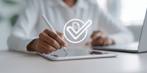 digital banking customer trends. A person using a stylus on a tablet, with a checkmark graphic indicating approval.