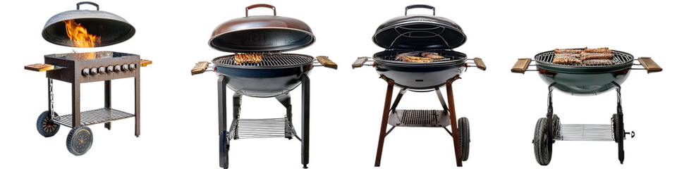 Variety of grilled barbeque grills with food cooking isolated on transparent background