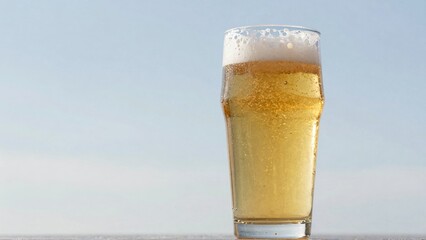 Beer glass with frothy head and bubbles
